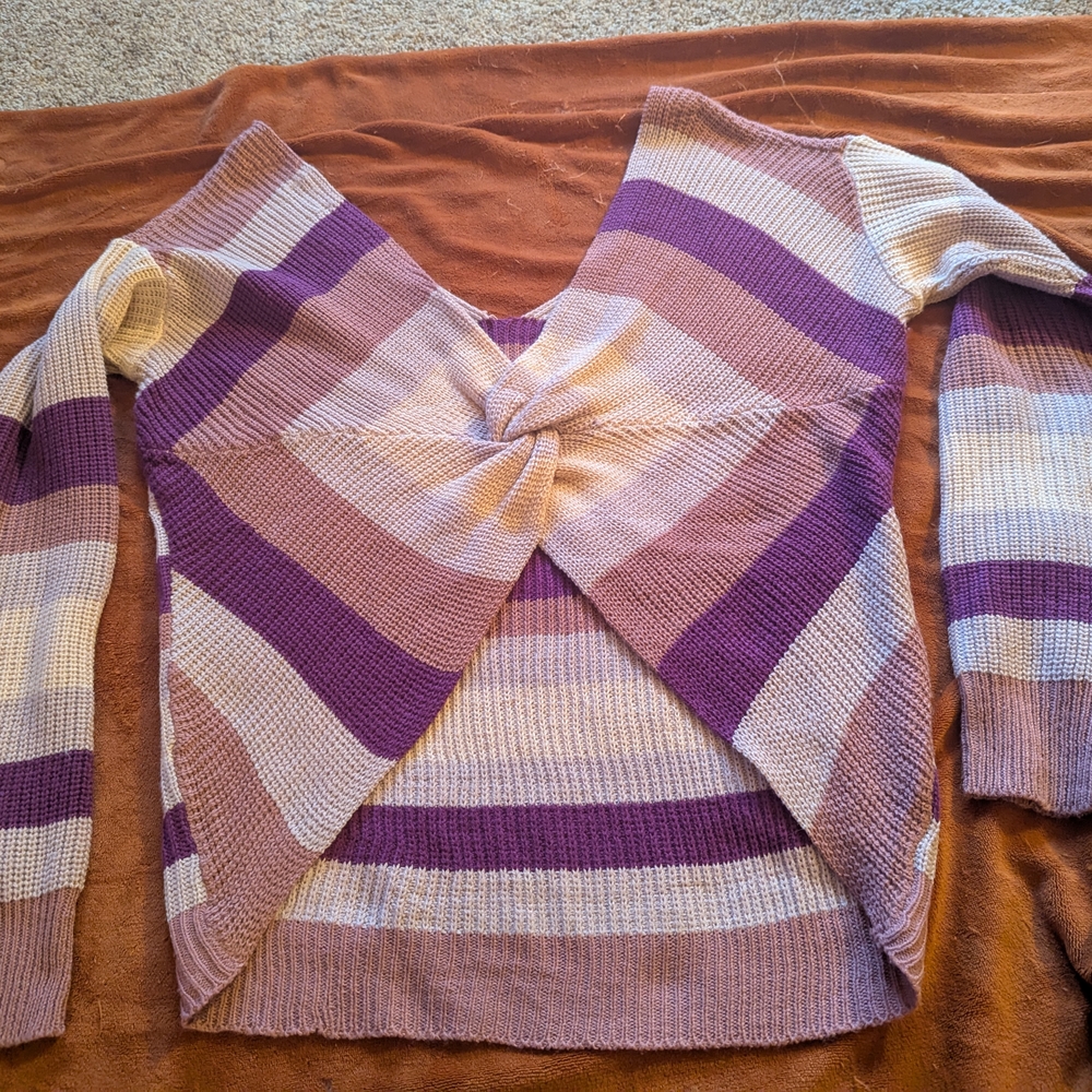 Striped Purple, Pink And Cream Cropped Knitted Sweater Knotted Back Detail
